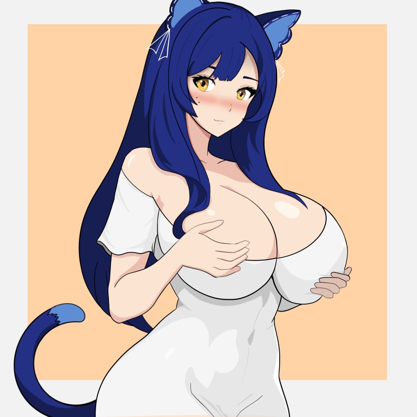 big_breasts blue_hair blush cat_ears cat_tail holding_breast long_hair mole_under_eye moles_under_eyes snezha virtual_youtuber vtuber white_dress yellow_eyes