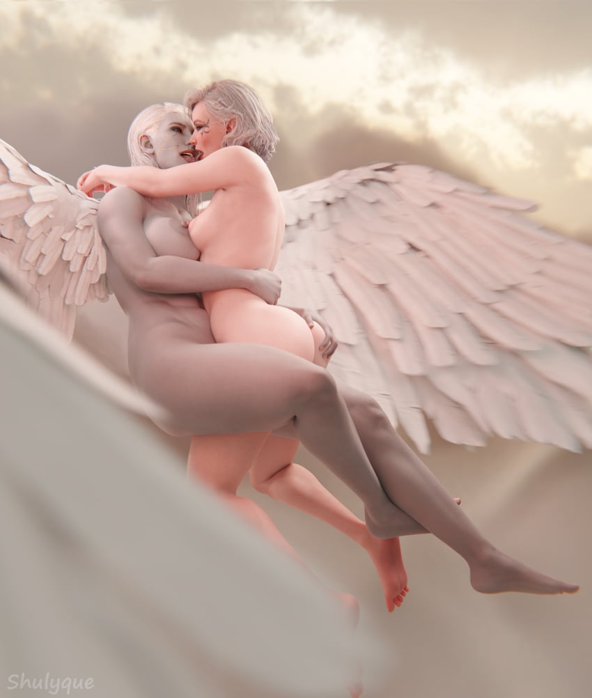 2girls 3d angel angel_wings ass asymmetrical_docking athletic_female baldur's_gate baldur's_gate_3 big_ass big_breasts canon_couple clouds dame_aylin dungeons_and_dragons flying grabbing_ass grey_eyes hi_res isobel_(baldur's_gate) muscular_female nipples nipples_touching short_hair shulyque tagme tongue tongue_out white_hair white_skin yuri