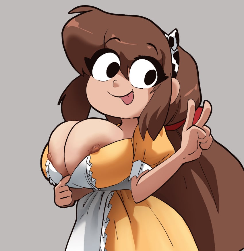 areola_slip areolae areolae_peeking big_breasts brown_hair cleavage coolerinker cow_headband horns_hairband inker_comics inkershike long_hair mona_(inker_comics) nipples nipples_peek peace_sign presenting_breasts tongue yellow_dress