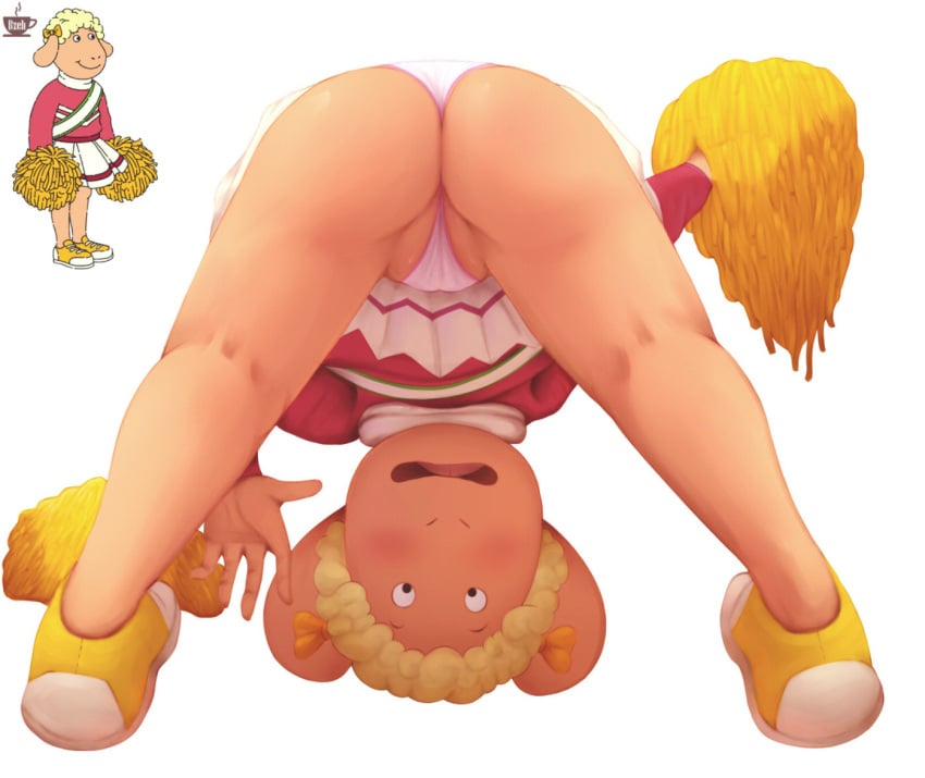 anthro arthur_(series) ass bent_over blush bzeh cheerleader cheerleader_outfit cheerleader_uniform clothes_lift clothes_pull clothing cub female female female_only footwear furry looking_at_viewer looking_back mary_(arthur) open_mouth pantsu presenting sheep_girl shoes skirt skirt_lift skirt_pull solo spread_legs underwear