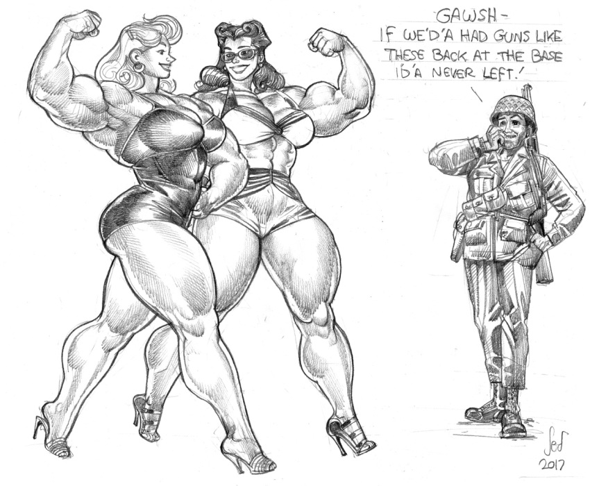 2girls abs breasts female flexing glasses high_heels jed_dougherty male monochrome muscles muscular_female size_difference thighs