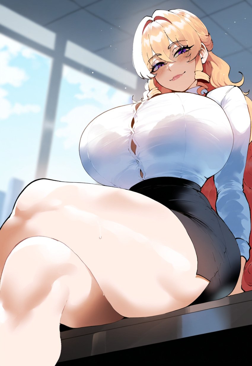 ai_generated ass ass_focus big_ass big_breasts big_butt big_thighs crossed_legs dijiai focus from_below from_front_position front_view hourglass_figure looking_at_viewer nakiri_erina nsfw office_lady round_ass round_butt shokugeki_no_souma sitting thick thick_ass thick_butt thick_legs thick_thighs thighs wide_hips