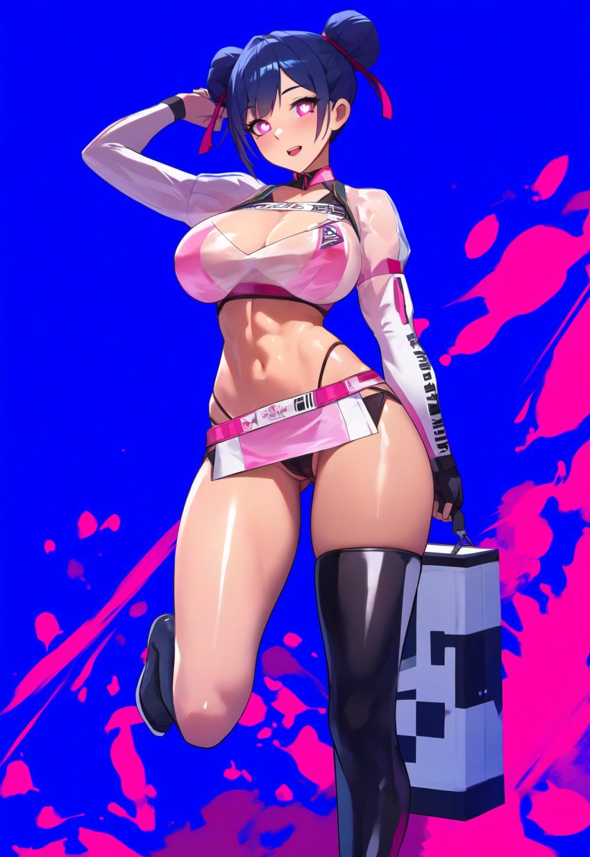 abs ai_generated big_breasts black_thighhighs blush boots cameltoe cleavage clothed clothing full_body glowing_eyes hair_ornament hairbuns jacket large_breasts legs long_legs medium_breasts miniskirt navel original original_character panties race_queen racing_suit shiny_skin smile thick_thighs thighhighs thighs yeyehuh