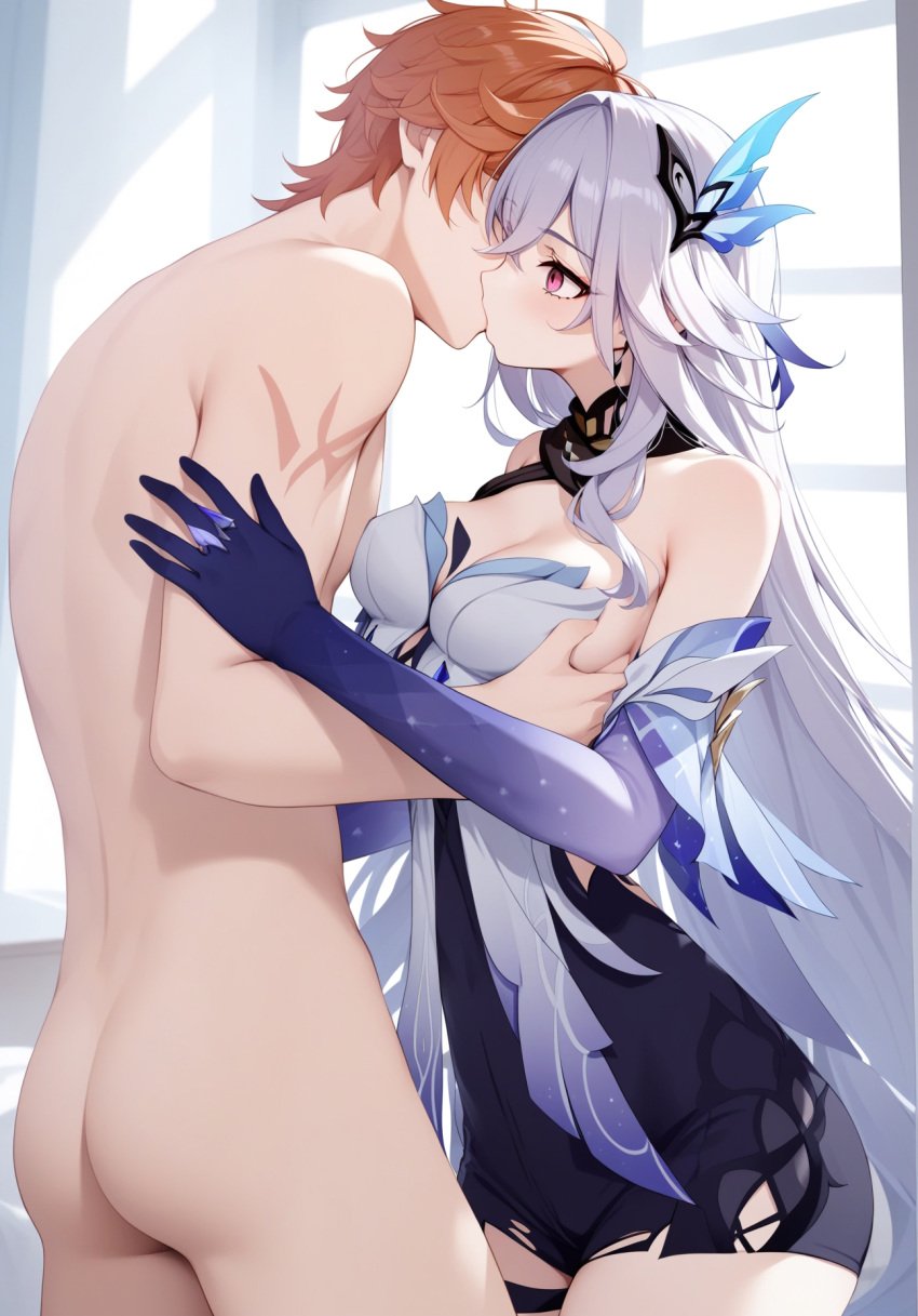 1boy 1girls ai_generated cfnm childe_(genshin_impact) clothed_female_nude_male female genshin_impact ginger gloves kissing light-skinned_female making_out male male/female male_ass nude nude_male nude_male_clothed_female skirk_(genshin_impact) smooth_skin straight tartaglia_(genshin_impact)