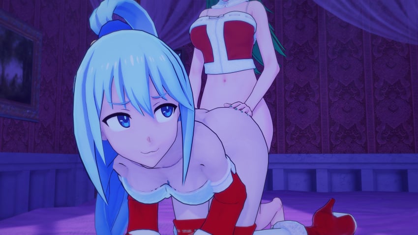 1futa 1girls 3d 3d_(artwork) ambiguous_penetration aqua_(konosuba) bedroom blue_eyes blue_hair cat_smile christmas christmas_outfit doggy_style female futa_on_female futanari green_hair highres koikatsu kono_subarashii_sekai_ni_shukufuku_wo! looking_back night oc santa_costume sex wunderclaw