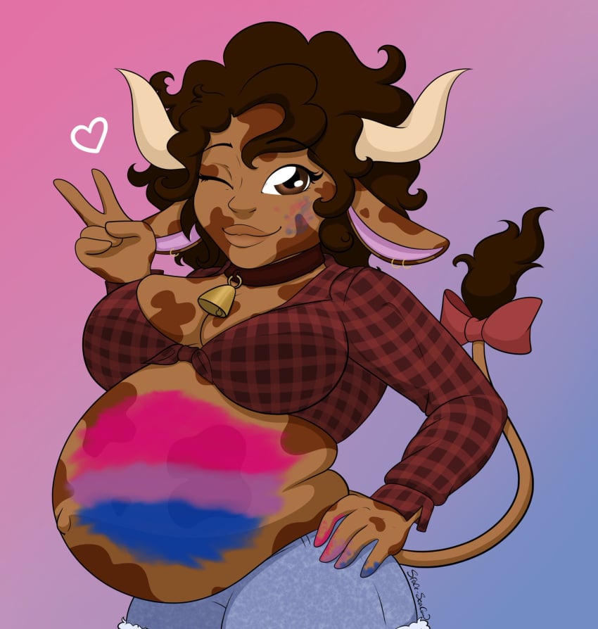 brown_hair commission cow_girl dark-skinned_female hyper_belly pregnant pride pride_colors pride_flag spaceseacow