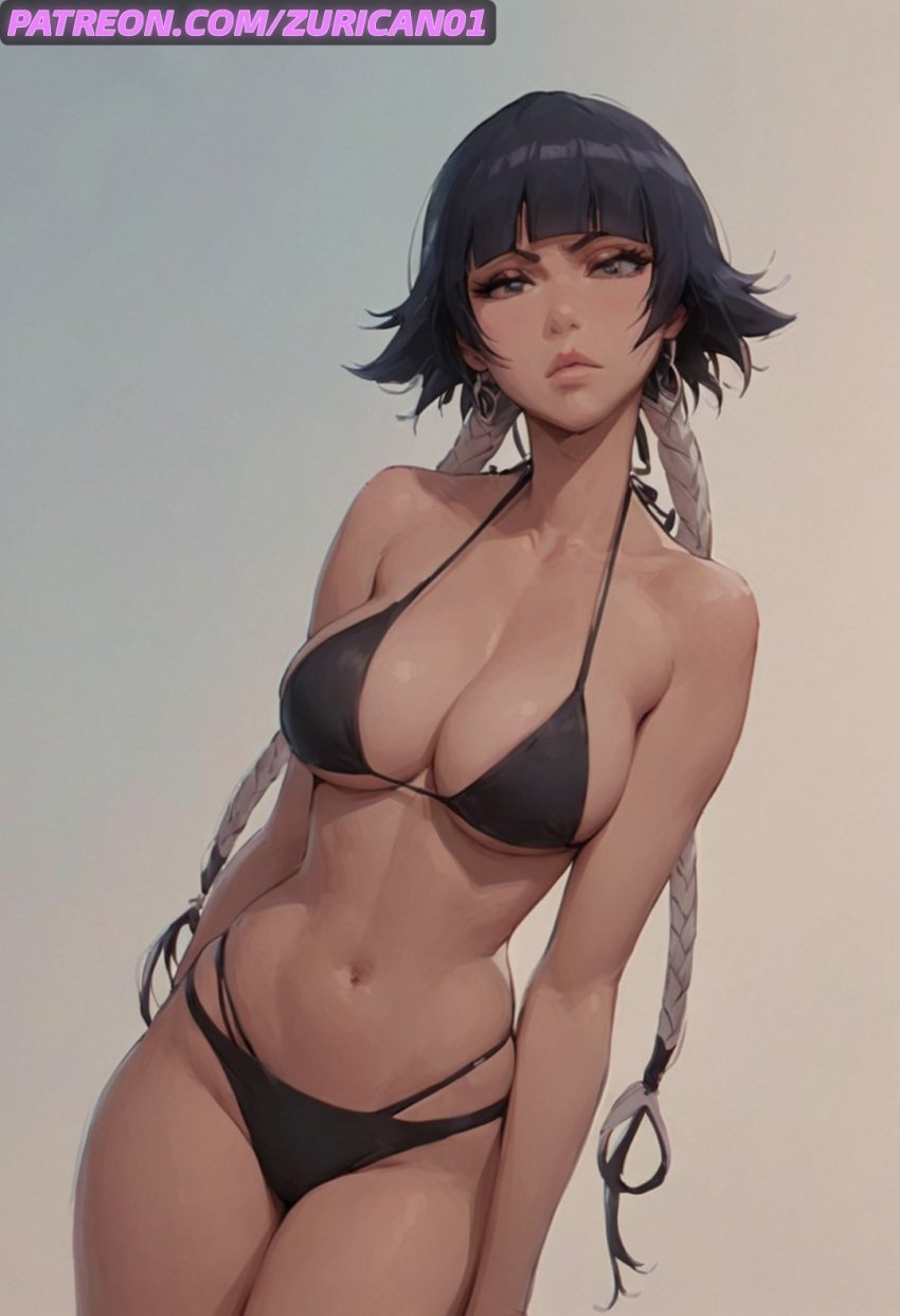 ai_generated big_breasts bikini bleach bleach:_the_thousand-year_blood_war exposed_breasts looking_at_viewer pink_nipples pose ryuuziken01 short_hair soifon viewed_from_below