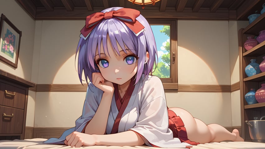 1girls ai_generated ass blush hair_ribbon hand_on_chin indoors looking_at_viewer lucky_star on_bed on_stomach purple_eyes purple_hair robes short_hair shrine_maiden tsukasa_hiiragi