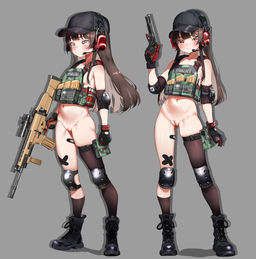 ammunition_pouch ankle_socks bare_shoulders black_thighhighs bottomless breasts brown_hair bulletproof_vest casual clothing commentary_request dongchuan elbow_pads female firearm gloves gun handgun hat headphones highres human knee_pads long_hair military navel original pale_skin pouch red_eyes rifle small_breasts socks thigh_strap thighhighs weapon