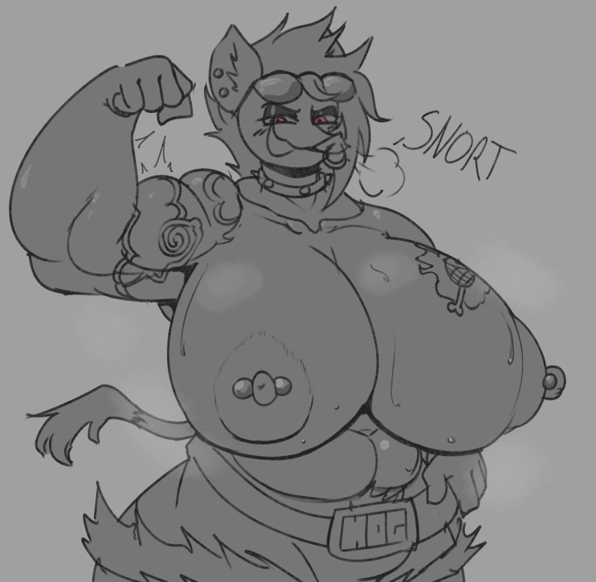 belt big_breasts boar flexing half_naked jean_shorts jojojiva muscular nipple_piercing nose_ring piercings pig pig_ears pink_eyes sketch sunglasses tail tattoo tattoos tusks