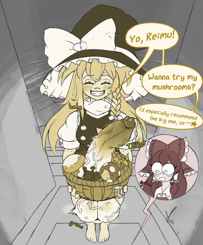 basket big_balls big_penis blonde_hair blush bow closed_eyes colored_sketch futanari halloween jojojiva marisa_kirisame mushroom red_hair reimu_hakurei surprised sweating text touhou witch_hat