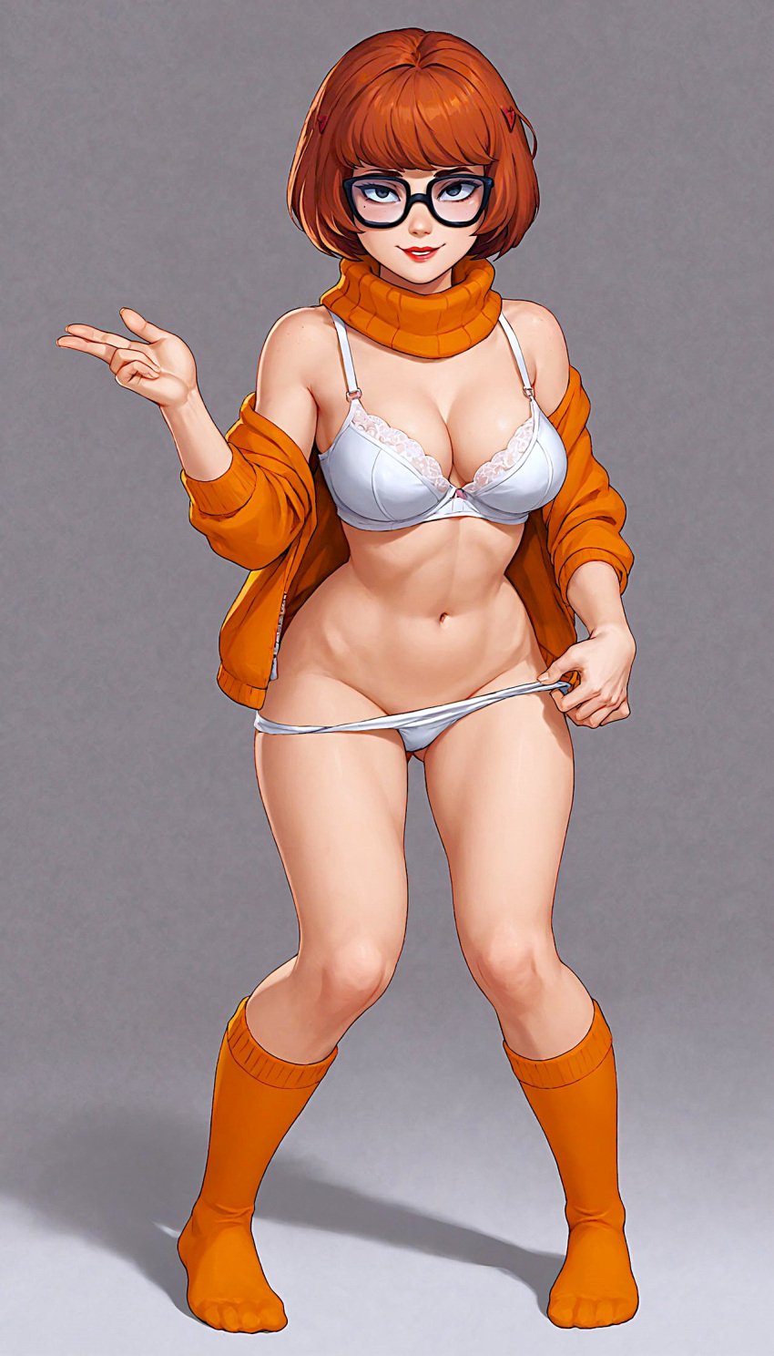 ai_generated bra bryan3 glasses scooby-doo socks taking_off_panties thighs velma_dinkley