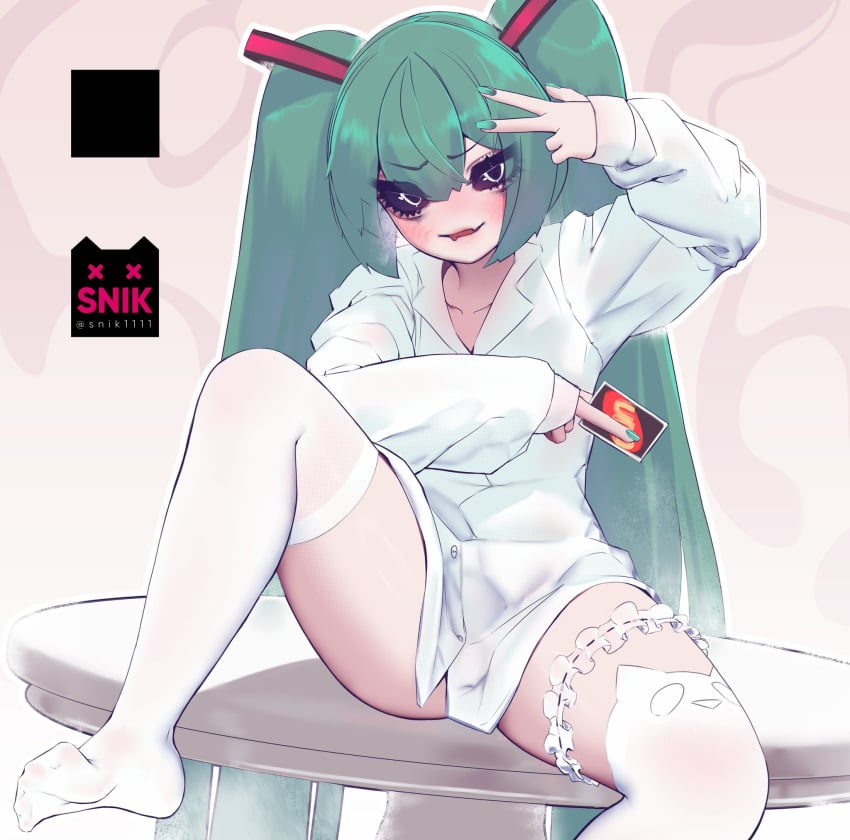 black_eyes blue_hair bottomless ever_persistent_void_cube female female_focus female_only light_skin looking_at_viewer mesugaki_miku mimukauwa_nice_try_(vocaloid) mv_character snik1111 uno vocaloid