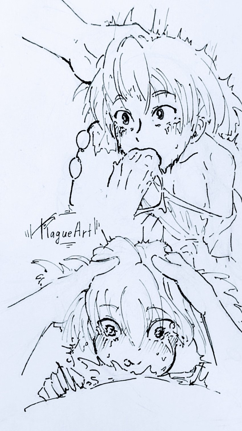 black_and_white cum_in_mouth deepthroat irrumatio monochrome oc plagueart short_hair tagme tears throat_fuck traditional_media_(artwork) twintails