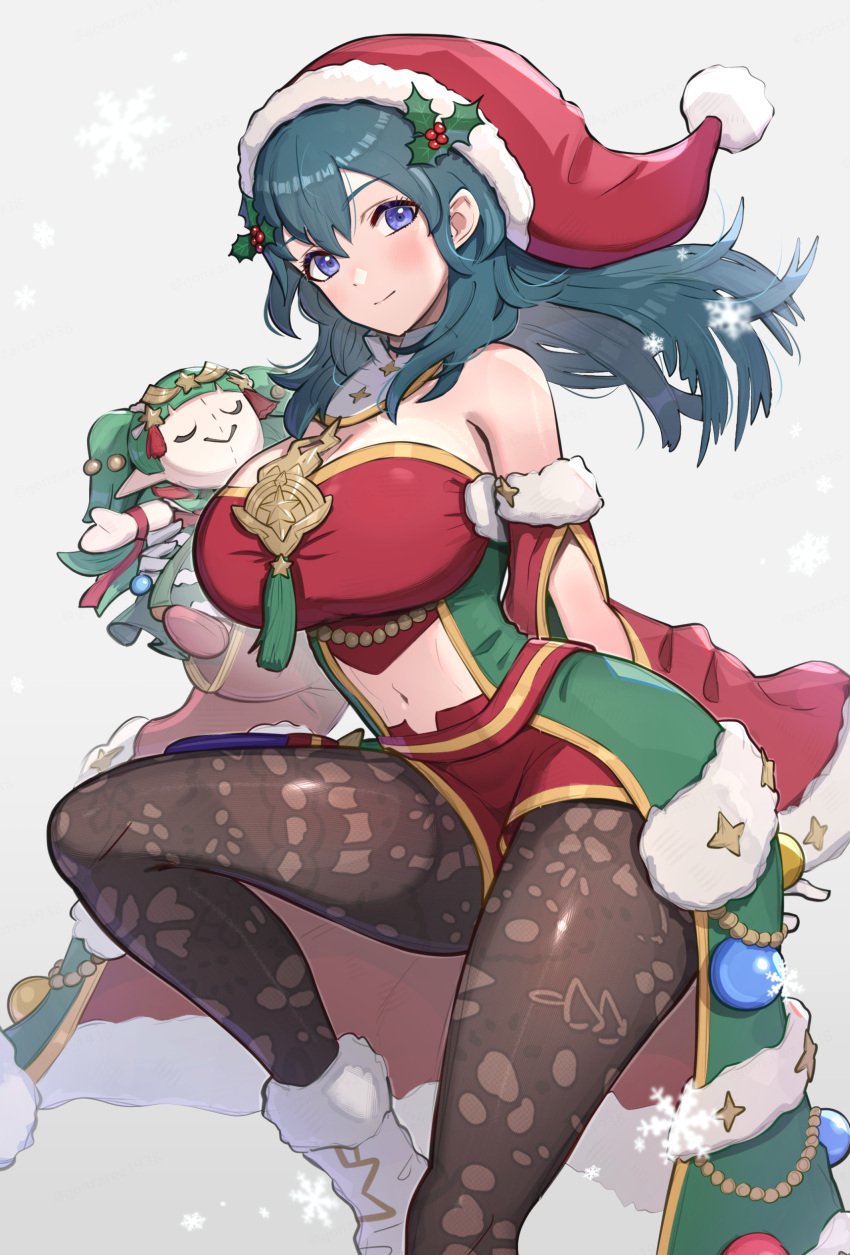 1girls absurdres bare_shoulders big_breasts black_hair blue_eyes breasts byleth_(female)_(fire_emblem) byleth_(female)_(frosty_professor)_(fire_emblem) byleth_(fire_emblem) byleth_(fire_emblem)_(female) character_doll cleavage clothing_cutout female fire_emblem fire_emblem:_three_houses fire_emblem_heroes gonzarez hat highres large_breasts looking_at_viewer medium_breasts mistletoe mistletoe_hair_ornament navel navel_cutout nintendo official_alternate_costume pantyhose santa_hat smile solo sothis_(fire_emblem) white_background