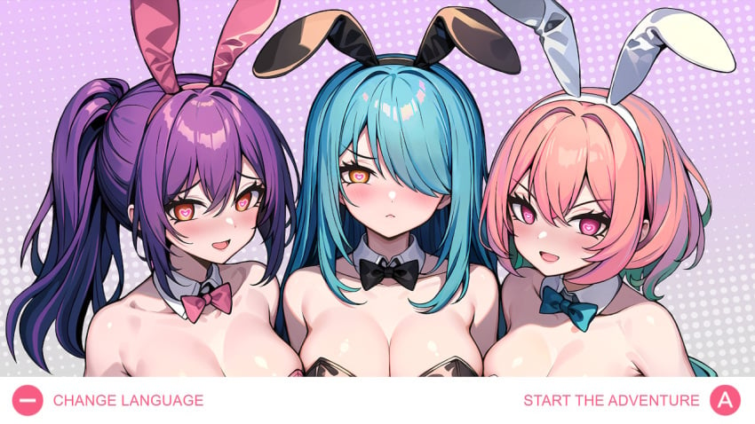 2023 3girls big_breasts blue_hair blush breasts cleavage cyan_hair etsuko_(hentai_girls) female green_eyes hair_over_one_eye heart-shaped_pupils hentai_girls human long_hair nintendo_switch open_mouth playboy_bunny ponytail rabbit_ears reddeer_games shirayuki_(hentai_girls) short_hair tagme tie title_screen yui_(hentai_girls)