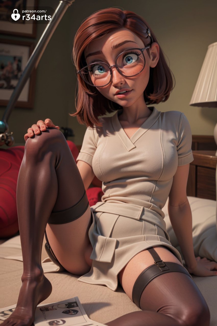 1girls 20th_century_fox 20th_century_studios ai_generated arm_support artist_name bed black-framed_eyewear black_thighhighs blue_eyes blue_sky_studios breasts brown_hair brown_thighhighs collarbone freckles garter_straps glasses hair_ornament hairclip hand_on_own_knee hi_res indoors knee_up lamp linda_gunderson lips looking_at_viewer medium_breasts medium_hair no_panties nose nurse on_bed parted_lips photo_\(object\) pillow r34arts rio_(series) round_eyewear short_hair short_sleeves sitting solo spread_legs thighhighs