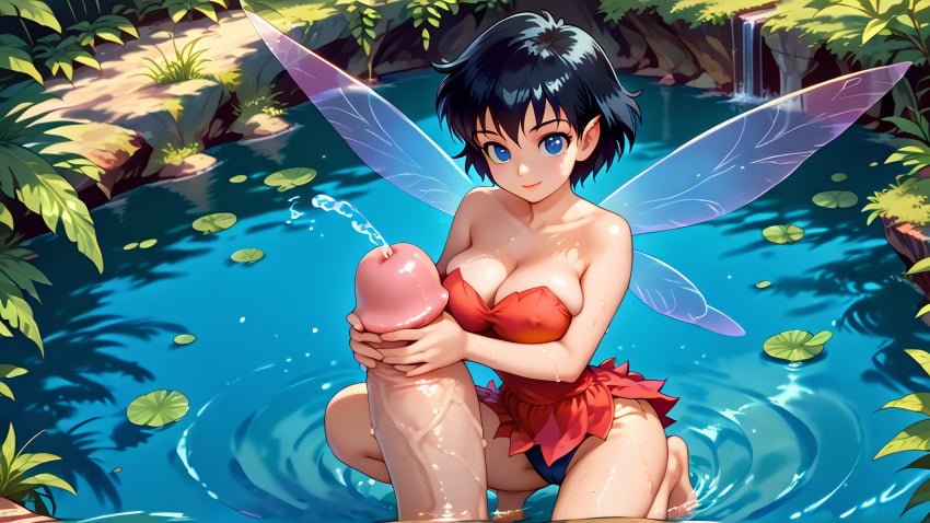 1girls ai_generated black_hair blue_eyes crysta dress erect_nipples fairy fairy_wings ferngully holding_penis large_breasts looking_at_viewer minigirl outdoors penis pointy_ears short_hair slim_waist wide_hips