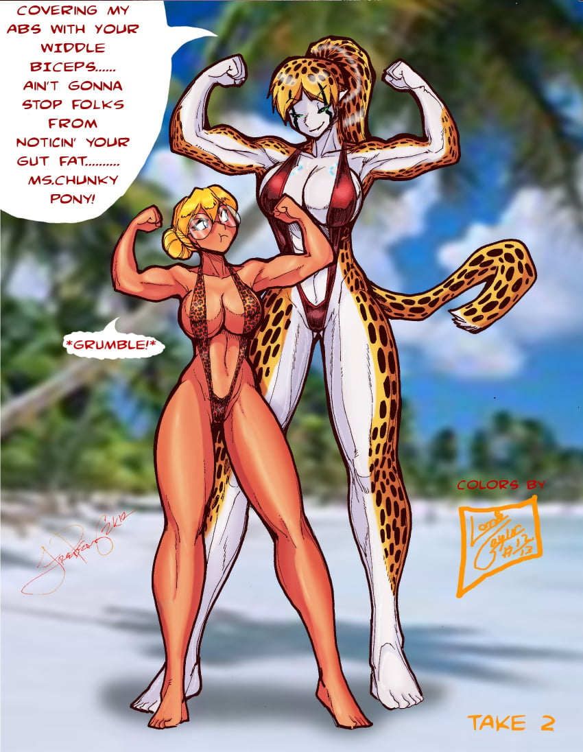 2girls abs bare_arms bare_legs bare_shoulders bare_thighs barefoot big_breasts bikini blonde_hair blush brittany_diggers cheetah cheetah_ears cheetah_girl clothed clothing color english_text female female_focus female_only fit_female fred_perry furry furry_female gina_diggers glasses gold_digger hi_res large_breasts light-skinned_female light_skin long_hair multiple_girls muscles muscular muscular_female one_piece_swimsuit solo_female tagme tail text text_bubble thick_thighs