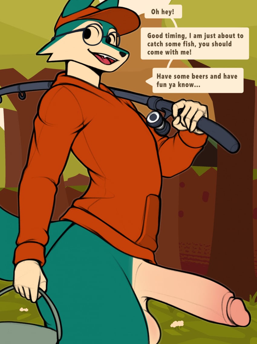 anthro balls biped black_nose bottomless canid canine clothed clothing detailed_background dialogue erection genitals green_body green_tail hi_res hoodie male mammal open_mouth open_smile oro97 penis side_view smile solo speech_bubble tail text topwear