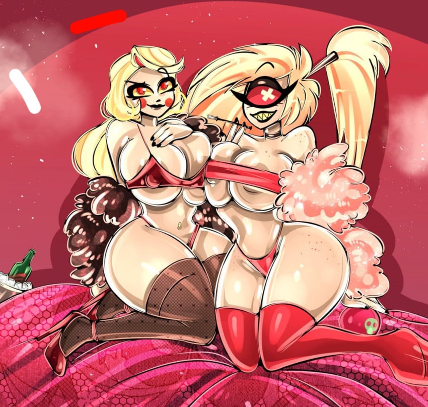 2demons 2girls big_breasts bitterbunz blush charlie_morningstar_(hazbin_hotel) cherri_bomb cherri_bomb_(hazbin_hotel) fur_coat hazbin_hotel high_heels lustful_gaze micro_bikini stockings yuri