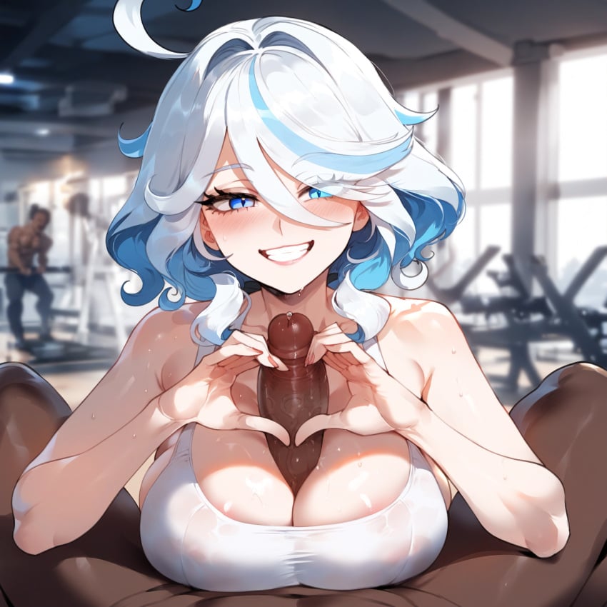 1boy 1girls ai_generated blue_eyes female female_focus female_only furina_(genshin_impact) genshin_impact gym_clothes light-skinned_female looking_at_viewer looking_pleasured nipples_visible_through_clothing paizuri penis_between_breasts smiling thick_thighs thighs white_clothing white_hair wide_hips