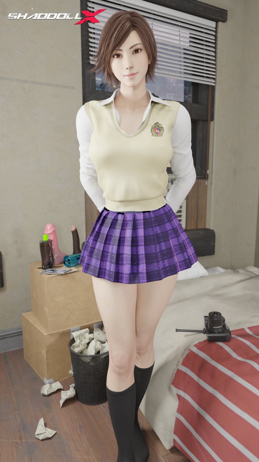 1girls 3d asian asian_female bandai_namco black_legwear clothed clothing cute dildo fleshlight kazama_asuka lube_bottle shaddoll_x skirt socks standing sweater tekken tekken_8