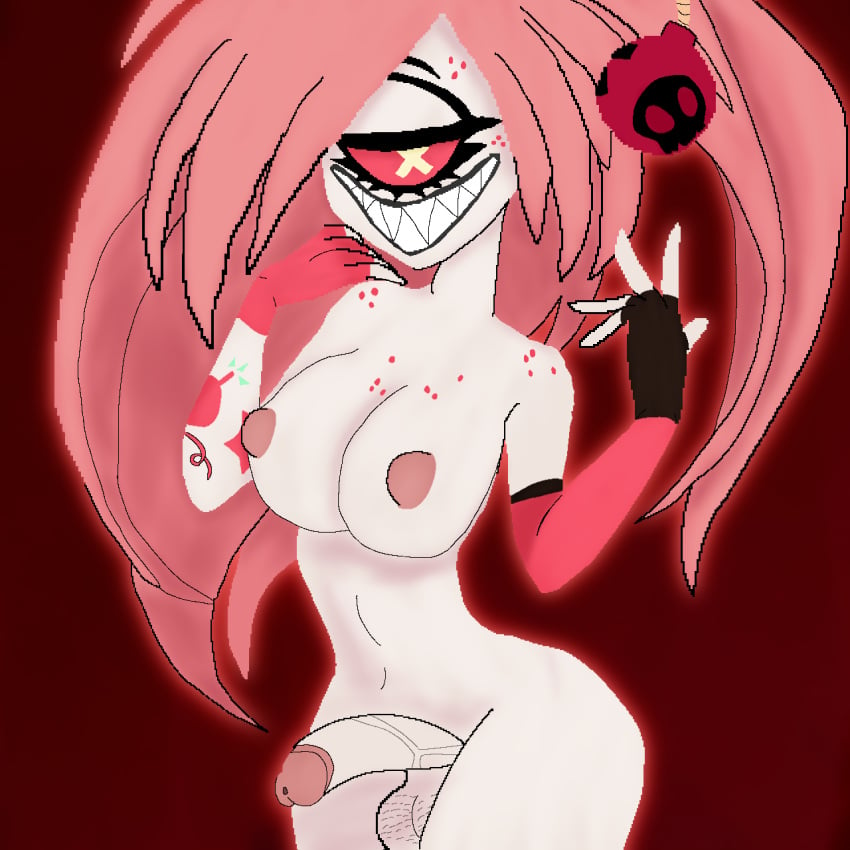 alternate_version_at_source big_breasts bomb cherri_bomb cherri_bomb_(hazbin_hotel) fingerless_gloves futa_only futanari futanari_connoisseur_(artist) grinning hazbin_hotel pixel_art solo tattoos