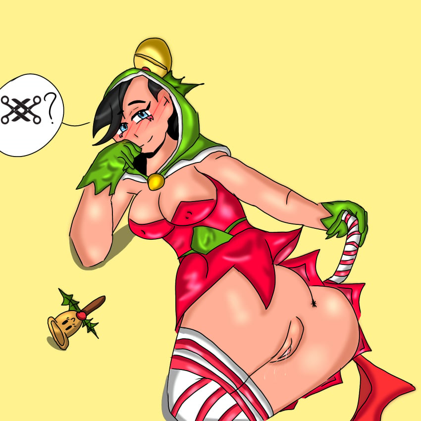 1girls black_hair blue_eyes brawl_stars christmas christmas_outfit hood hood_up janet_(brawl_stars) jolly_janet(brawl_stars) jolly_janet_(brawl_stars) nipple_bulge nipples pussy pussy_juice_drip pussy_out skirt skirt_up smile smiling socks tribbing yuri