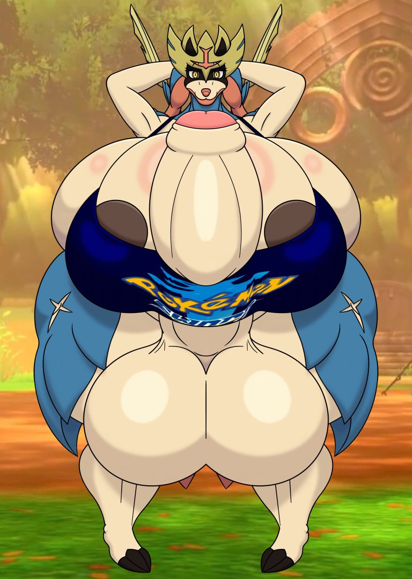 absurd_res anthro areola ass balls big_areola big_balls big_breasts big_butt big_penis bra breasts brown_nipples clothing crowned_sword_zacian erection generation_8_pokemon genitals gynomorph hands_behind_head herm hi_res huge_balls huge_breasts huge_butt huge_cock hyper hyper_breasts hyper_genitalia hyper_penis intersex ivaldi legendary_pokemon looking_at_viewer nintendo nipple_slip nipples penis penis_between_breasts pokemon pokemon_(species) smile solo standing symmetry thick_thighs tight_clothing underwear wide_hips zacian