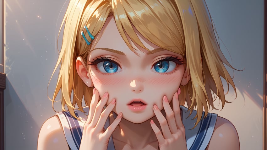 1girls ai_generated blonde_hair blue_eyes blush hairclip indoors kagamine_rin looking_at_viewer open_mouth school_uniform short_hair touching_face vocaloid