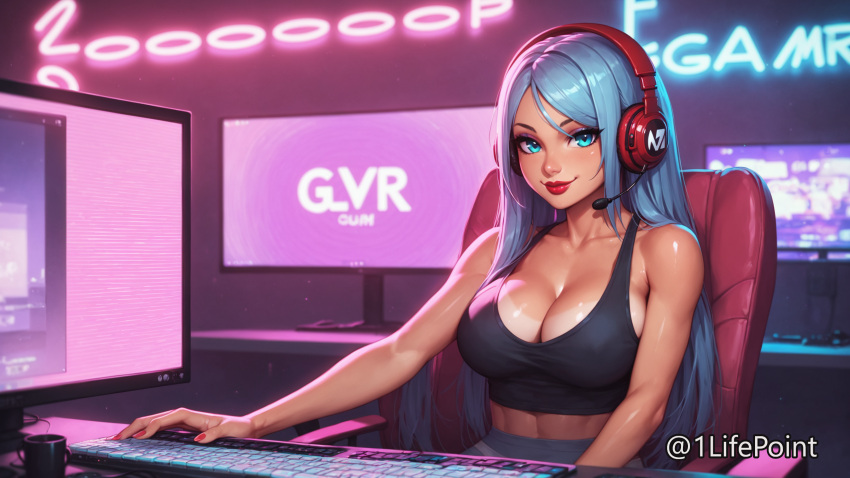 1lifepoint ai_generated big_breasts blue_eyes blue_hair busty cleavage gamer_girl headphones headset highres lipstick looking_at_viewer midriff patreon red_lipstick sitting tank_top wallpaper