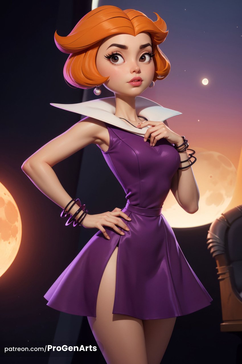 1girls ai_generated artist_name bracelet breasts brown_eyes dress earrings hand_on_own_hip hanna-barbera hi_res jane_jetson jewelry lips medium_breasts moon nose orange_hair parted_lips progenarts purple_dress short_dress short_hair side_slit sleeveless solo the_jetsons web_address