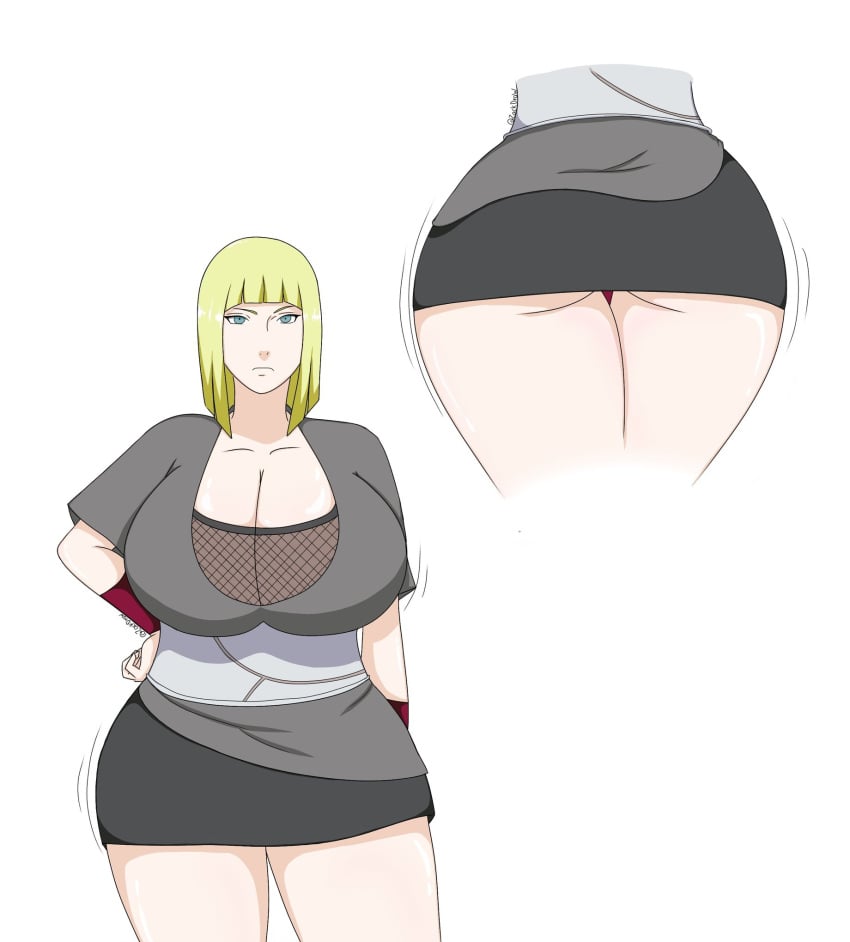 1girls big_breasts blonde_hair blue_eyes blunt_bangs breasts cleavage dress female female_only g-string hand_on_hip highres hourglass_figure huge_breasts kunoichi large_breasts light-skinned_female light_skin mature mature_female milf multiple_views naruto naruto_(series) naruto_shippuden ninja no_bra panties plain_background presenting presenting_ass samui short_hair simple_background solo thick_thighs thighs thong underass voluptuous voluptuous_female white_background wide_hips zackdraw