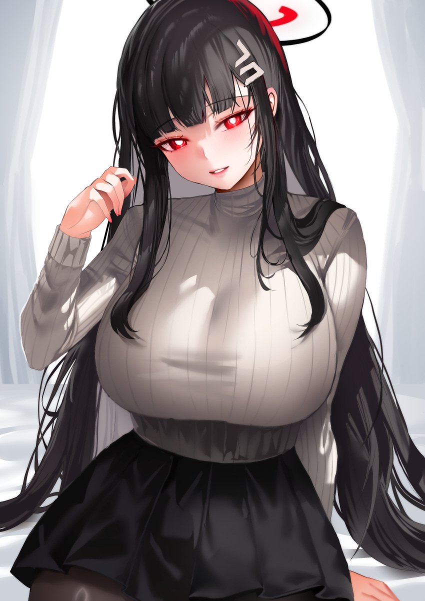 absurdres black_hair black_pantyhose black_skirt blue_archive blush breasts bright_pupils female hair_ornament hairclip halo hand_up highres huge_breasts long_hair long_sleeves looking_at_viewer pantyhose parted_lips pleated_skirt red_eyes ribbed_sweater rio_(blue_archive) simple_background skirt smile solo sweater sweater_tucked_in turtleneck turtleneck_sweater white_background white_pupils zerocat