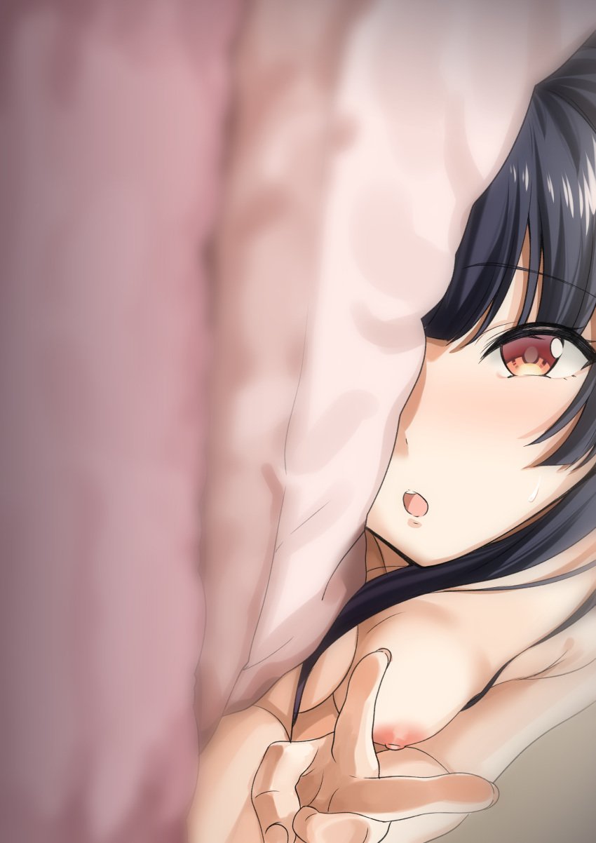 1girls :o absurdres bed beiske_(de_skb3) black_hair blurry blurry_foreground blush breasts completely_nude completely_nude_female female_focus female_only highres idolmaster idolmaster_shiny_colors long_hair looking_at_viewer lying mayuzumi_fuyuko nipples nude on_bed on_side open_mouth orange_eyes peace_sign pillow small_breasts solo sweatdrop