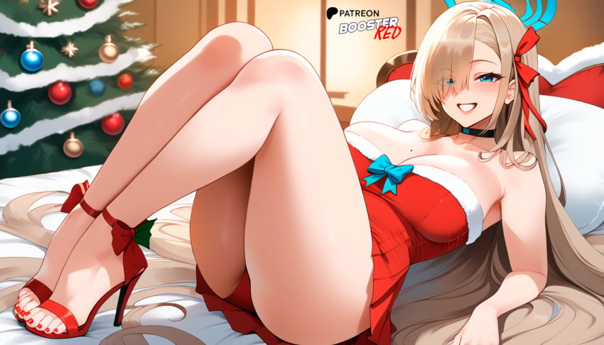 ai_generated asuna_(blue_archive) asuna_(bunny)_(blue_archive) asuna_(bunny_girl)_(blue_archive) bare_shoulders black_choker blonde_female blonde_hair blue_archive blue_eyes boosterred99 bow choker christmas christmas_clothing christmas_outfit christmas_tree dress full_body fully_clothed halo high_heels legs long_hair lying lying_on_bed nier:_apony_diffusion_xl red_dress ribbon santa_costume seductive_look seductive_smile strapless thighs white_thong