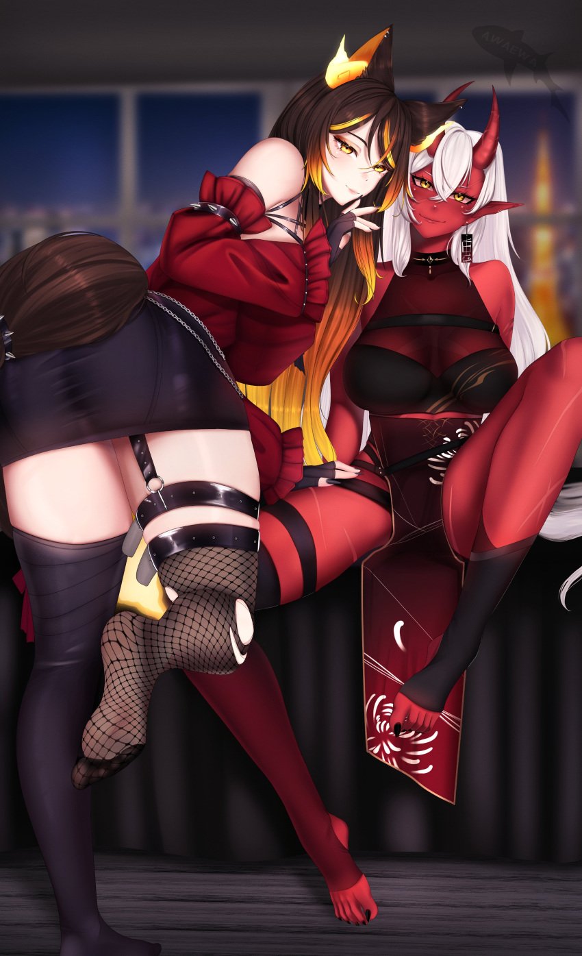 2girls akumi animal_ear_fluff animal_ears artist_name ass bangs bare_shoulders barefoot black_hair black_legwear black_shirt black_skirt blurry_background blush bound breasts choker dark_skin earrings eyebrows_visible_through_hair feet fishnet_legwear fishnets fox_ears fox_tail garter_straps gloves hair_between_eyes horns indoors jewelry large_breasts long_hair long_sleeves looking_at_viewer multicolored_hair multiple_girls off_shoulder oni_horns pantyhose parted_lips red_eyes red_gloves red_hair red_skin sinder_(vtuber) sitting skirt slit_pupils smile streaked_hair sweater tail thighhighs thighs toes torn_clothes torn_legwear very_long_hair virtual_youtuber vyugen white_hair wolf_ears yellow_eyes yuri