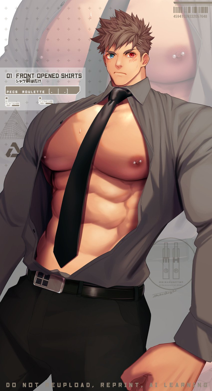 1boy abs bara beefy big_areola big_breasts big_hands blue_eyes blush brown_hair disproportional gay heterochromia hi_res hunk looking_at_viewer male male_breasts male_only manly mature_male meisho_hanten muscles muscular muscular_male necktie necktie_between_breasts nipple_piercing office_clothing open_clothes oppai original original_character pecs piercing red_eyes short_hair six_pack solo standing sweat sweatdrop text tough_guy v-shaped_eyebrows very_high_resolution wide_shoulders yaoi