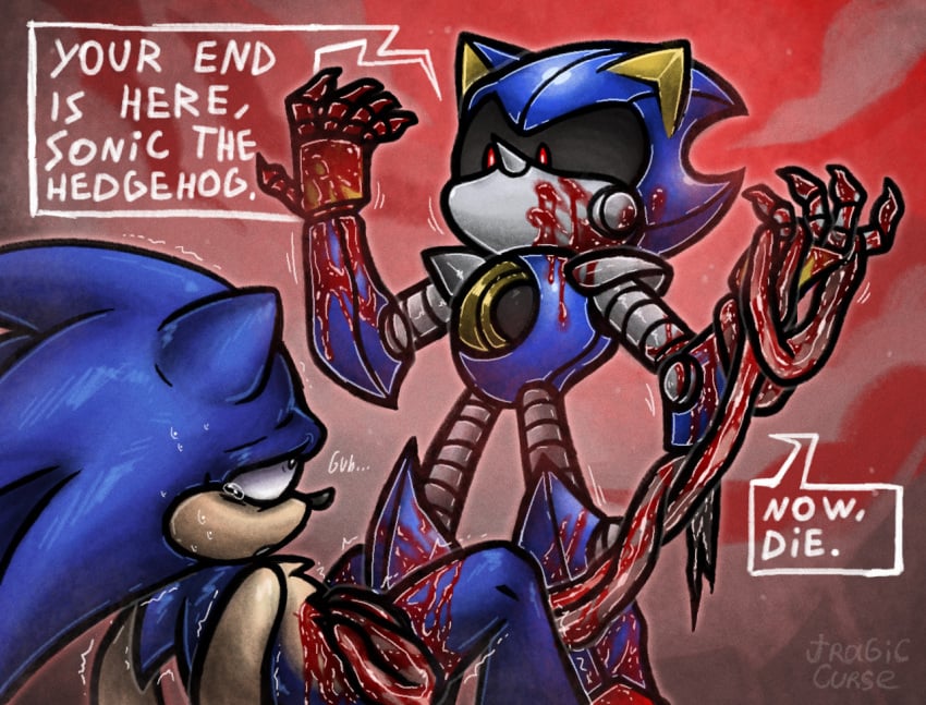 2024 anthro blood blood_on_face blood_on_hand blood_splatter blue_body blue_fur bodily_fluids crying defeated_hero disembowelment duo dying english_text eulipotyphlan fur gore gradient_background guts hedgehog holding_guts male mammal metal_sonic metallic_body organs robot_anthro sega side_view simple_background sonic_the_hedgehog sonic_the_hedgehog_(series) tears text threatening torture tragiccurse