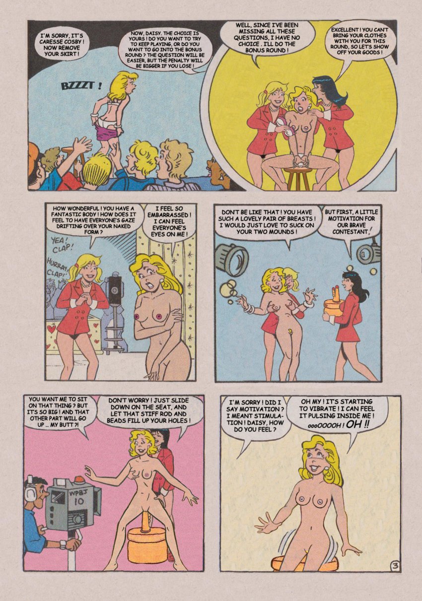 archie_andrews archie_comics betty_and_veronica betty_cooper blonde_hair breasts comic dildo dildo_sitting female female_only page_3 pubic_hair pussy stripping veronica_lodge