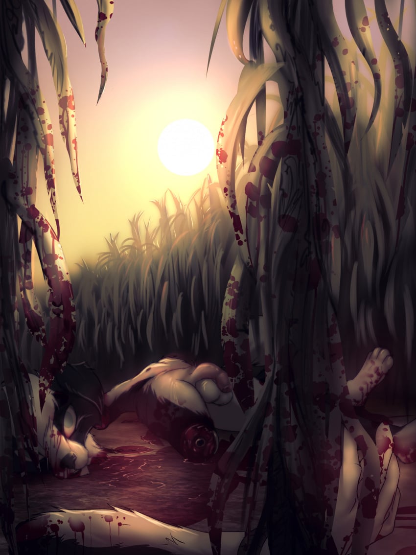 4_toes anthro blood blood_on_face blood_on_ground bodily_fluids border_collie canid canine canis collie cornfield corpse death decapitation digital_media_(artwork) dismembered dismemberment domestic_dog feet fingers flaccid foreskin frostbite80_(artist) fur genitals gore herding_dog hi_res humanoid_genitalia humanoid_penis lying male male_death mammal nude on_back outside pastoral_dog penis plant severed_body_part severed_head severed_leg severed_limb sheepdog sky snuff solo tight_foreskin toes