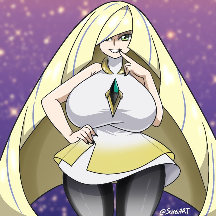 1girls big_breasts black_leggings black_nail_polish black_nails blonde_hair blue_hair breasts clothing dress female female_only game_freak green_eyes hair hand_on_hip huge_breasts large_breasts leggings long_hair lusamine_(pokemon) mature mature_female mature_woman milf nail_polish nails pokemon pokemon_sm seireiart smile solo solo_female white_dress