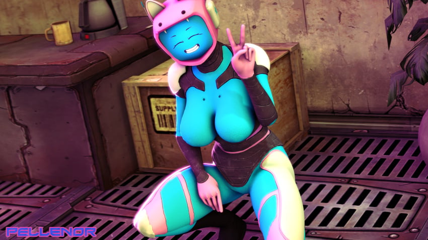 3d 3d_(artwork) angel_(pellenor) huge_breasts peace_sign pellenor pink_body pink_skin robot robot_girl screen_face smile squatting thick_thighs v