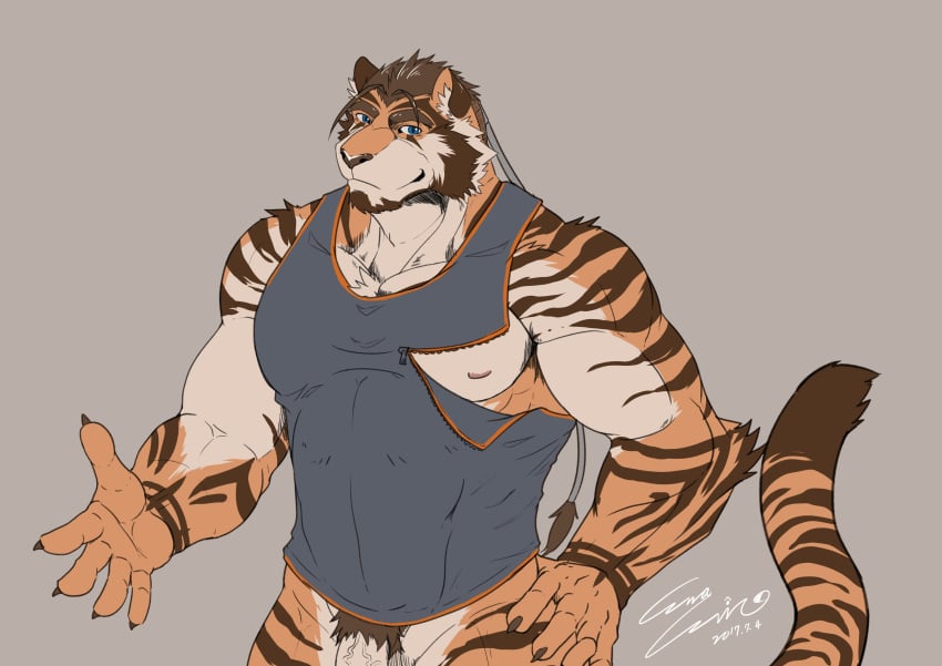 2017 anthro biceps clothed clothing enaeric1 feline fur male male_only mammal muscular muscular_male nipples pecs tiger top_tank_meme