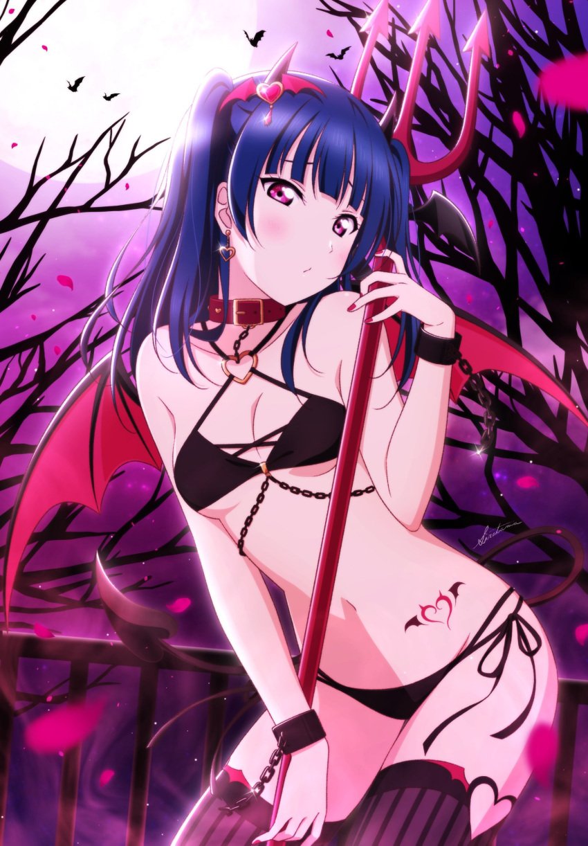 1girls animal_print artist_name bat_(animal) bat_print bikini black_bra black_panties black_thighhighs blue_hair blush bra breasts chains choker cleavage demon_girl demon_horns demon_tail demon_wings earrings female female_only full_moon head_wings highres horns jewelry long_hair love_live! love_live!_sunshine!! moon navel panties petals polearm purple_sky red_eyes revealing_clothes shiratama_(siratama_ll) signature sky solo solo_female suggestive swimsuit tail thighhighs trident tsushima_yoshiko twintails underwear weapon wings