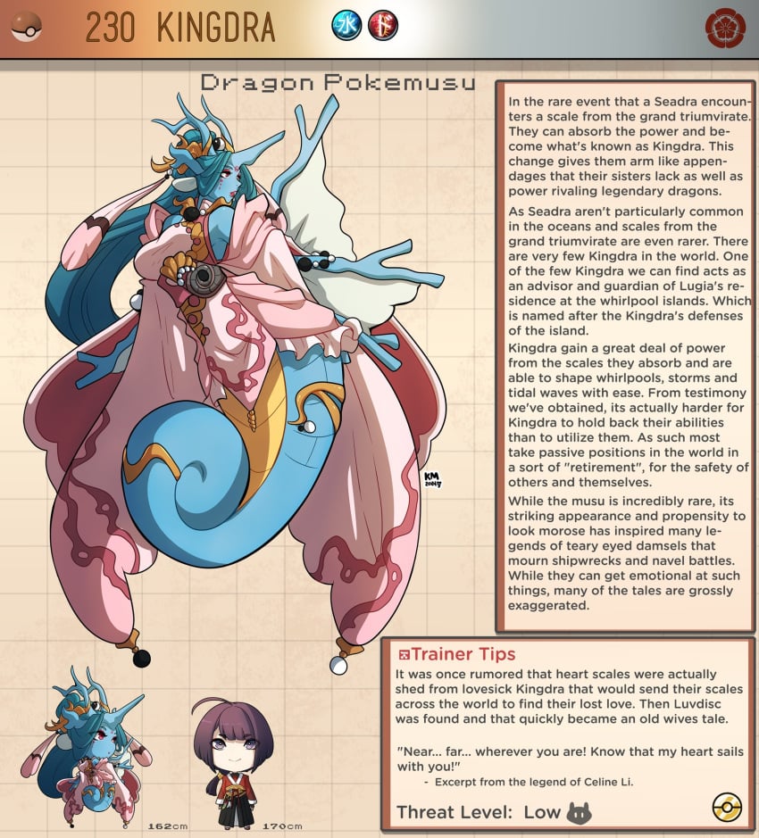 1boy 1girls anthro blue_body blue_hair character_profile chibi english_text female female_focus generation_2_pokemon hi_res human kingdra kinkymation long_hair male marine monster_girl nintendo pokemon pokemon_(species) pokemorph pokemusu profile text text_box