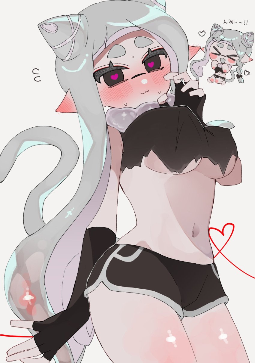 1girls bangs big_breasts blunt_bangs blush breasts dolphin_shorts hair_accessory heart heart-shaped_pupils inkling inkling_girl long_hair looking_at_viewer navel new_agent_3_(splatoon) nintendo pointy_ears shiny_skin shorts smchan_hll solo solo_female solo_focus splatoon splatoon_3 splatoon_3:_return_of_the_mammalians tentacle tentacle_hair underboob white_hair