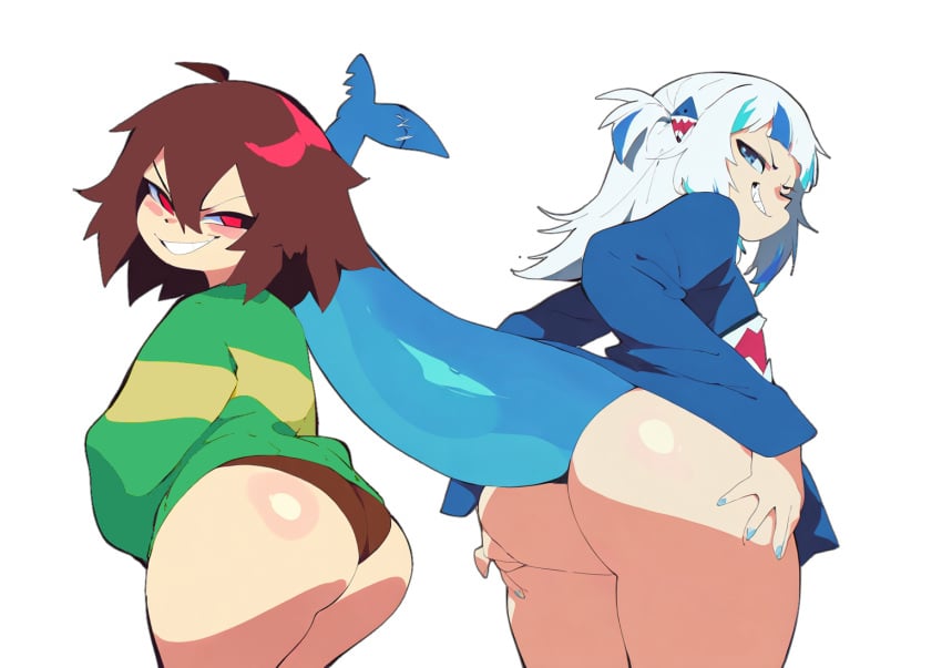 2girls aetherion_(ai_style) ai_generated big_ass blue_eyes brown_hair chara chara_(undertale) crossover gawr_gura hololive hololive_english red_eyes shark tagme undertale undertale_(series) white_hair