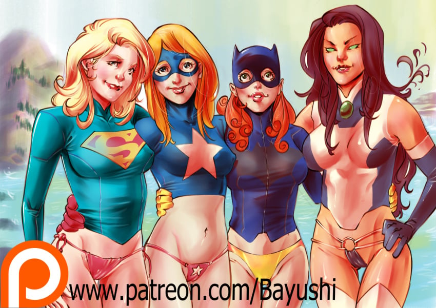 4girls barbara_gordon batgirl batman_(series) bayushix courtney_whitmore dc justice_society justice_society_of_america koriand'r medium_breasts multiple_females multiple_girls panties starfire stargirl supergirl superman_(series) teen_titans